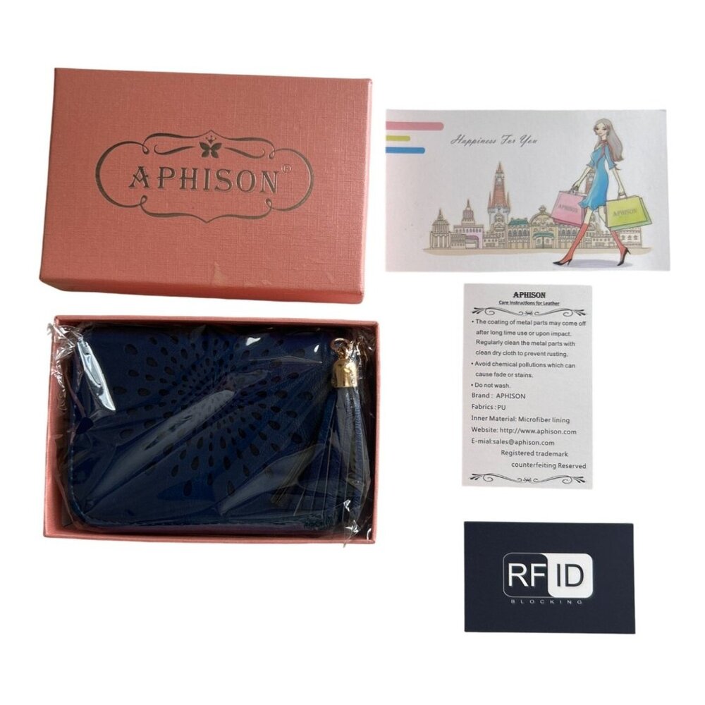 Aphison RFID-Blocking Card Holder Wallet Tassel Zipper Closure Navy Blue